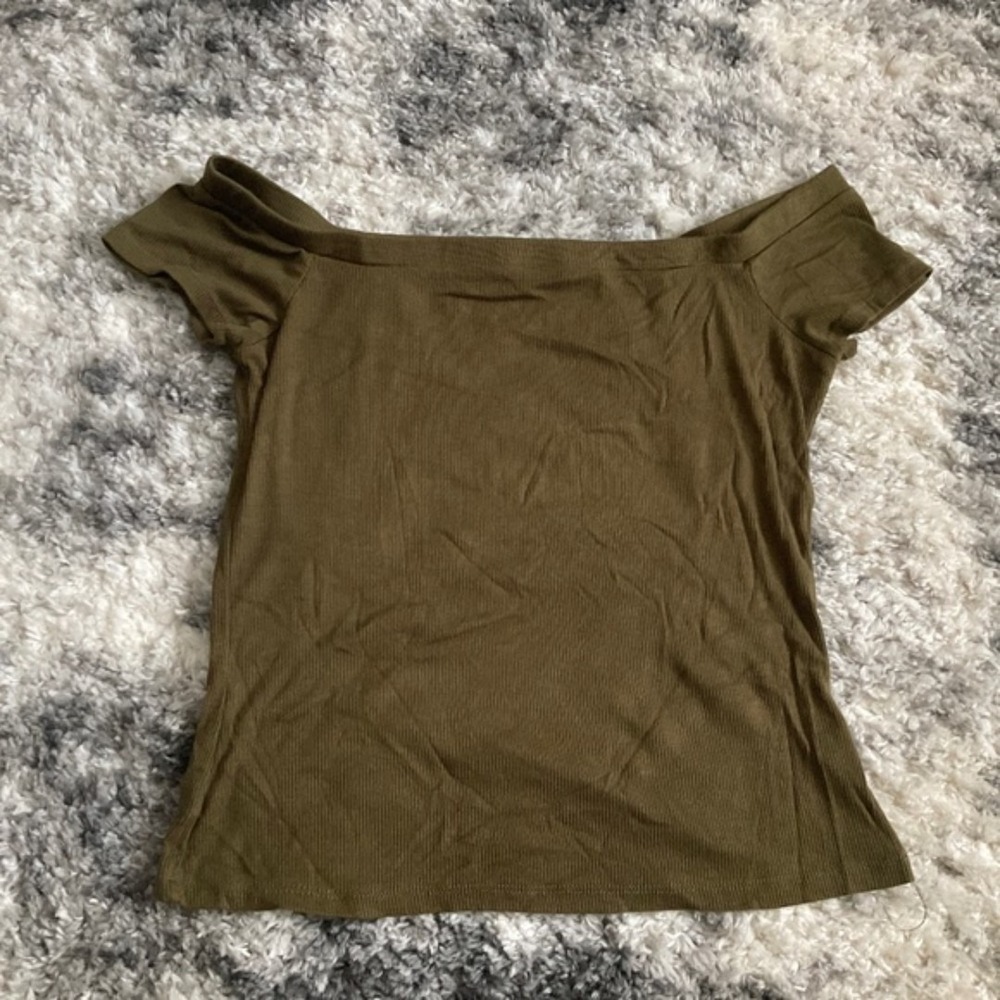 Olive Green Ribbed Knit Off Shoulder Short Sleeve Top Blouse